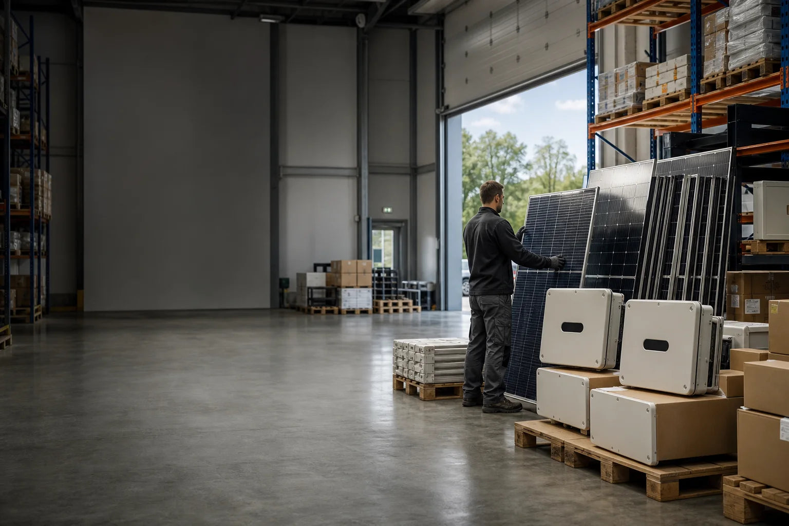 Worker preparing used solar panels and inverters for resale in a warehouse.